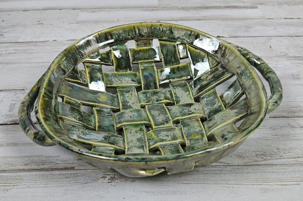 Signed MT Appalachian Studio Art Pottery Basket Weave Bowl Blue Green Handmade